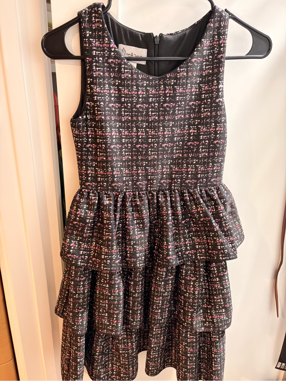 Pippa & Julie Black Tweed Tiered Dress with Pink Accents